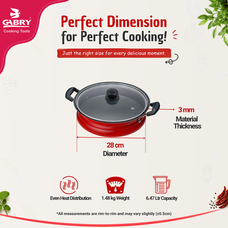 Gabry Non-Stick Meenchatty 28 cm | Glass Lid | PFOA-Free | Fish Curry Pot
