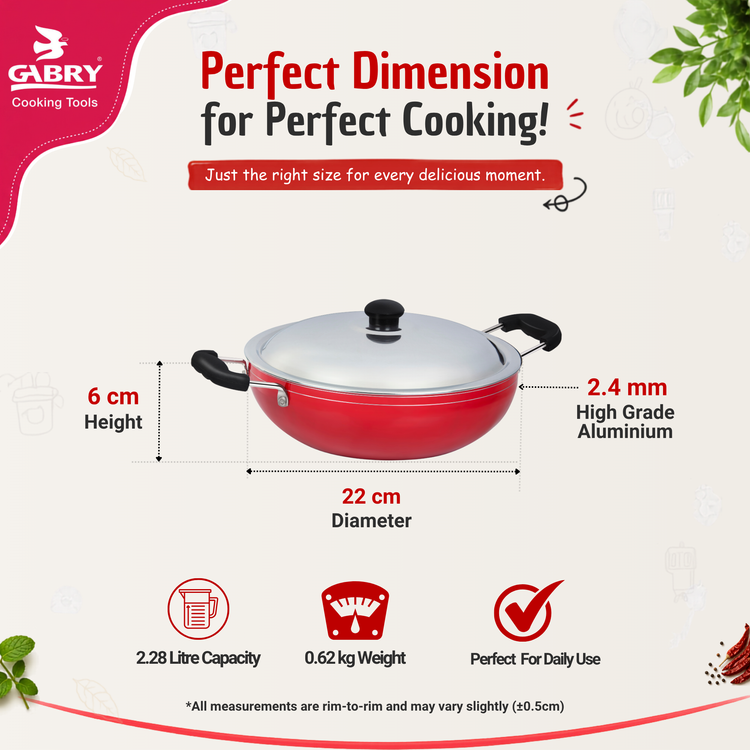 GABRY Classic Non-Stick Kadai 22 cm | Steel Lid | Deep Fry Vessel