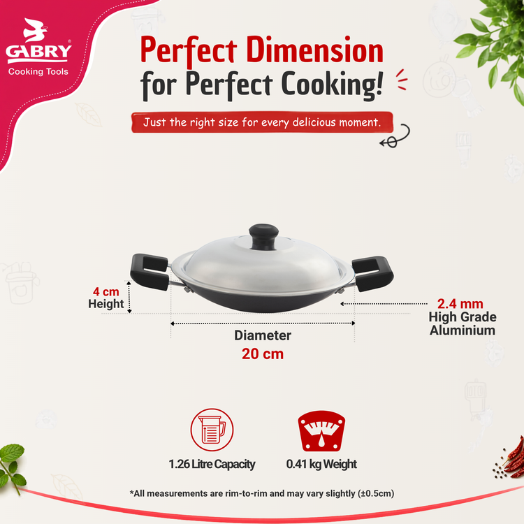 GABRY Classic Non-Stick Appachatty 20 cm | Steel Lid | Appam Pan