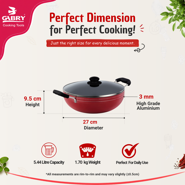 GABRY Non-Stick Kadai | Glass Lid | PFOA-Free | Elegant Plus Series