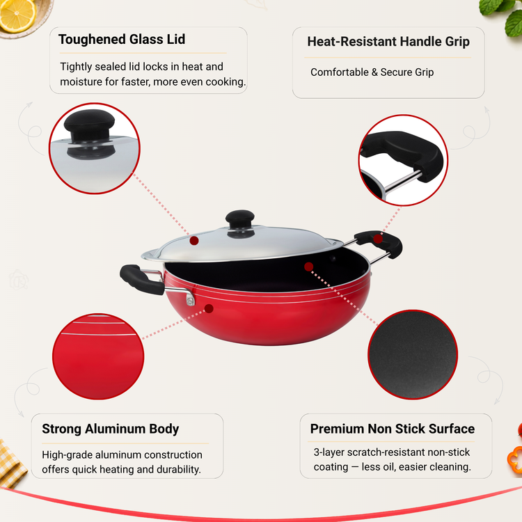 GABRY Non-Stick Kadai | Steel Lid | PFOA-Free | 3-Layer Coating | Elegant Series