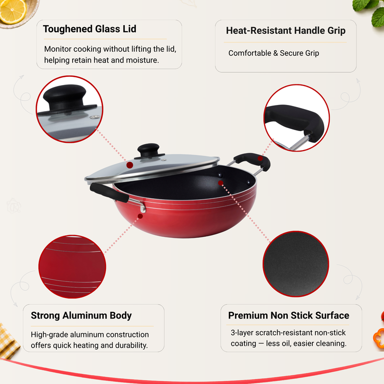 GABRY Non-Stick Kadai | Glass Lid | PFOA-Free | Elegant Plus Series