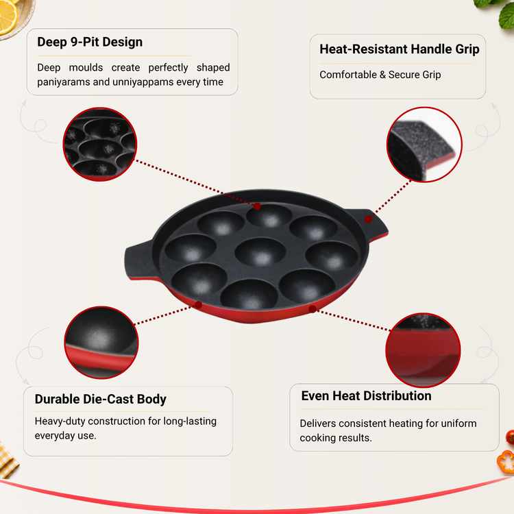 Gabry Aluminum Basic Nonstick Paniyarakkal with Free Scrubber, Heat Resistant Bakelite Handle, Dishwasher Safe and Metal Spoon Friendly
