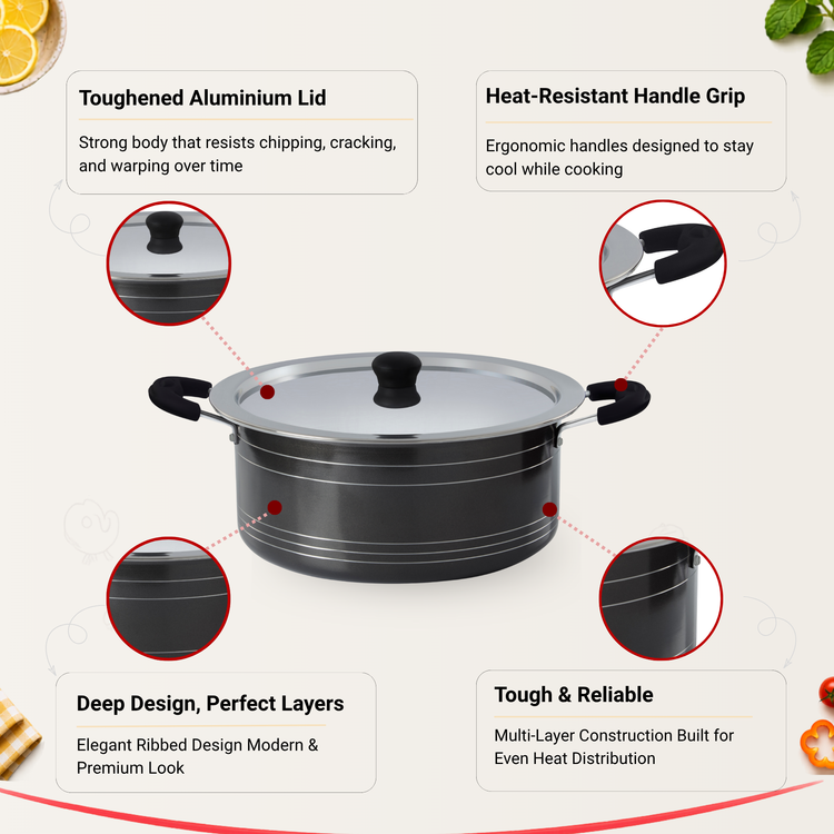 Gabry Non-Stick Biryani Pot | PFOA-Free | 3-Layer Coating | Aluminium Lid