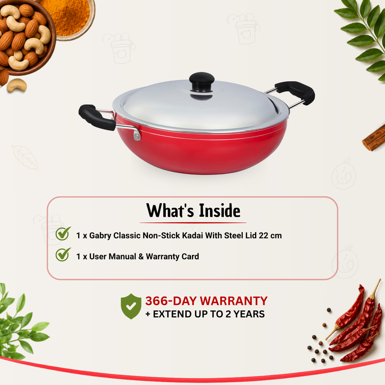 GABRY Classic Non-Stick Kadai 22 cm | Steel Lid | Deep Fry Vessel