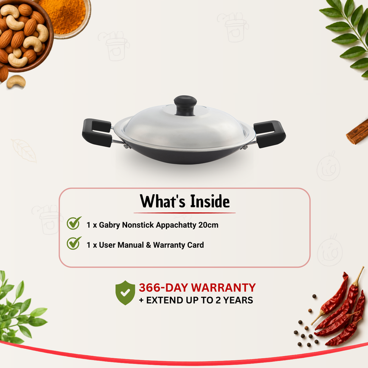 GABRY Classic Non-Stick Appachatty 20 cm | Steel Lid | Appam Pan