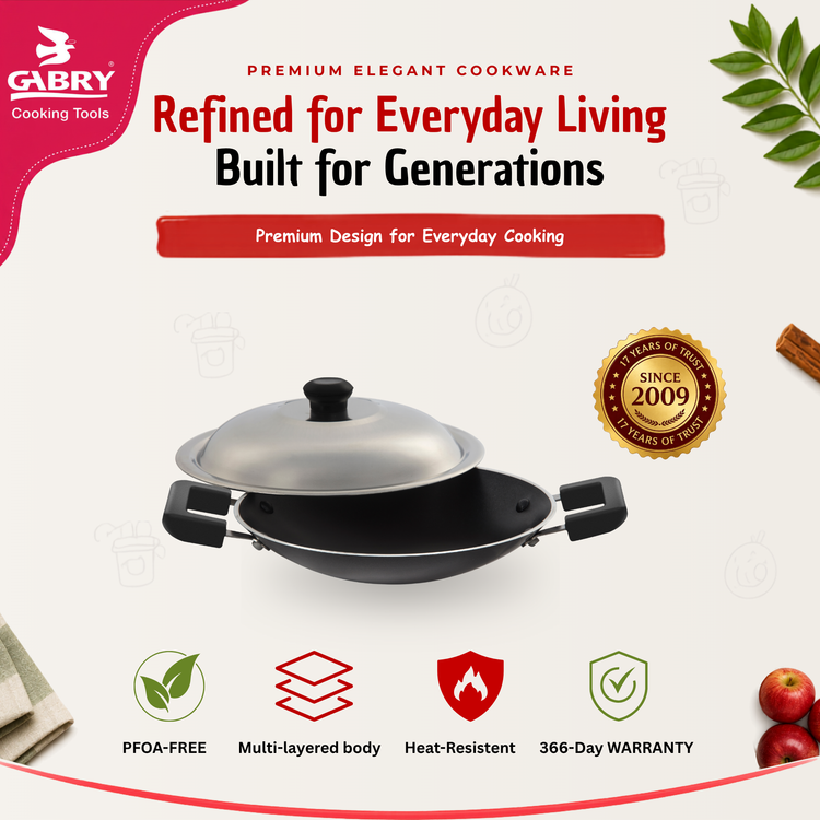 GABRY Classic Non-Stick Appachatty 20 cm | Steel Lid | Appam Pan