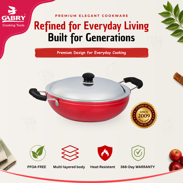 GABRY Classic Non-Stick Kadai 22 cm | Steel Lid | Deep Fry Vessel