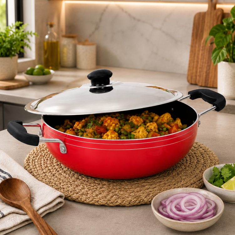 GABRY Classic Non-Stick Kadai 22 cm | Steel Lid | Deep Fry Vessel