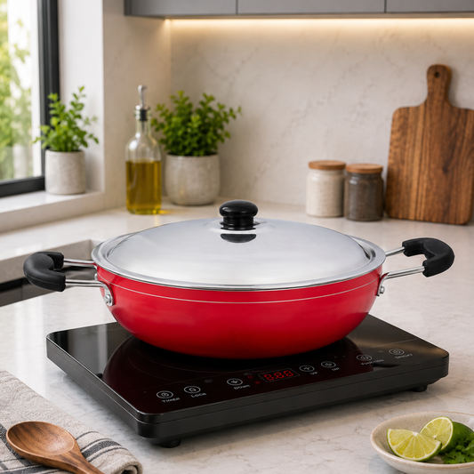 GABRY Non-Stick Kadai 25 cm | Induction Base | Steel Lid | Deep Fry