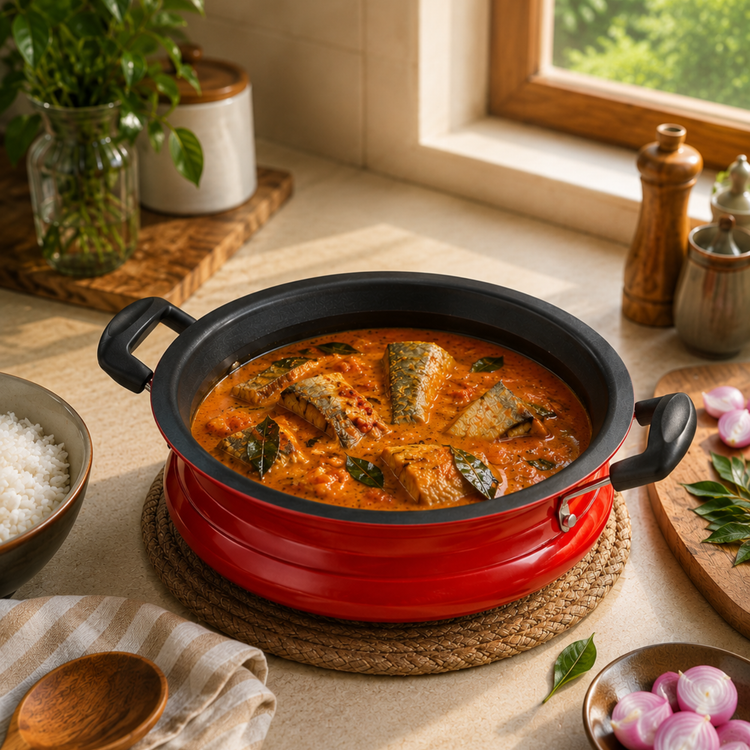 Gabry Non-Stick Meenchatty 28 cm | Glass Lid | PFOA-Free | Fish Curry Pot