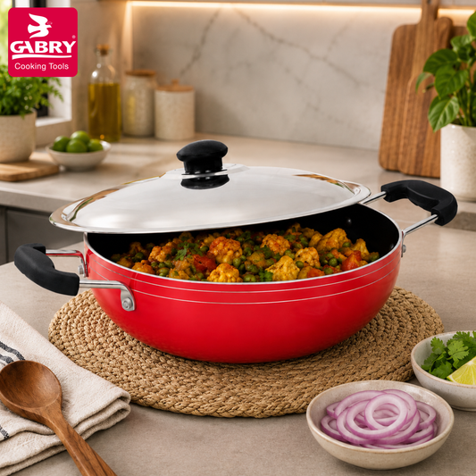 GABRY Classic Non-Stick Kadai 22 cm | Steel Lid | Deep Fry Vessel