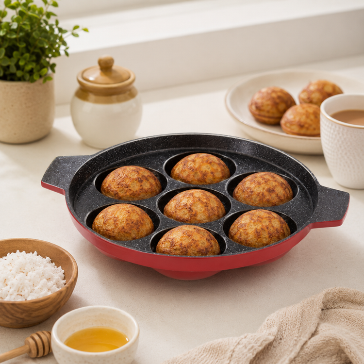 Gabry Aluminum Basic Nonstick Paniyarakkal with Free Scrubber, Heat Resistant Bakelite Handle, Dishwasher Safe and Metal Spoon Friendly