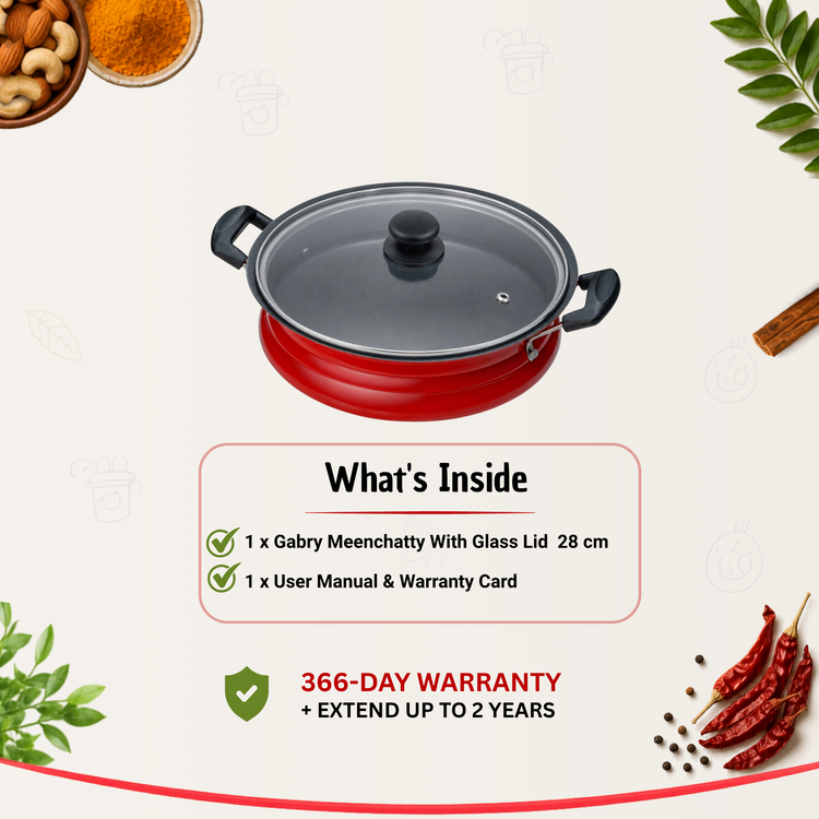 Gabry Non-Stick Meenchatty 28 cm | Glass Lid | PFOA-Free | Fish Curry Pot