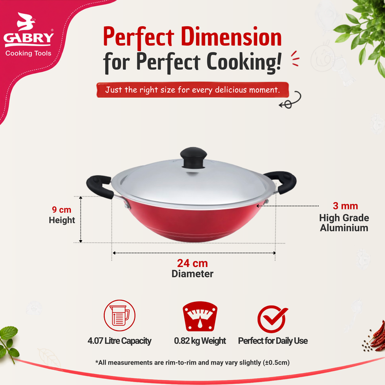 GABRY Non-Stick Cheena Chatti 24 cm | Steel Lid | Deep Fry Kadai | Elegant Series