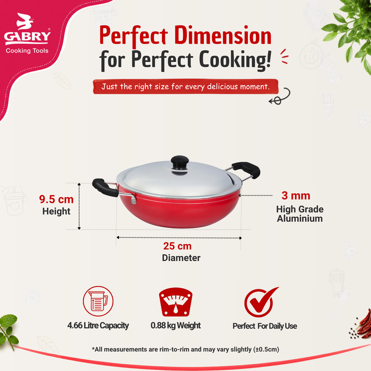 GABRY Non-Stick Kadai 25 cm | Induction Base | Steel Lid | Deep Fry