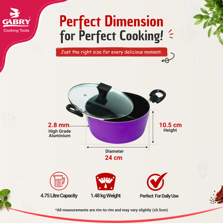 Gabry Non-Stick Casserole 24 cm | Glass Lid | Elegant Plus Series
