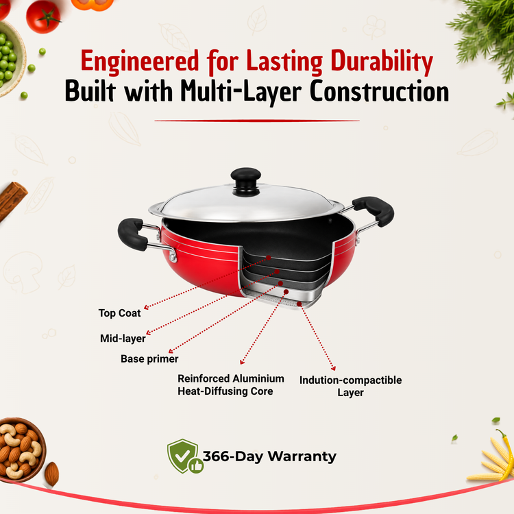 GABRY Non-Stick Kadai 25 cm | Induction Base | Steel Lid | Deep Fry