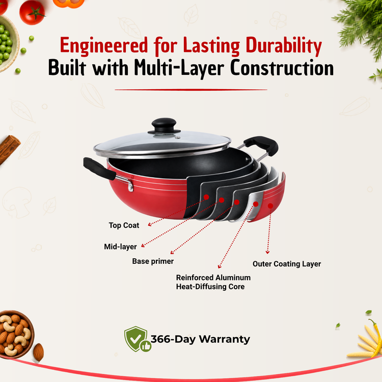 GABRY Non-Stick Kadai | Glass Lid | PFOA-Free | Elegant Plus Series