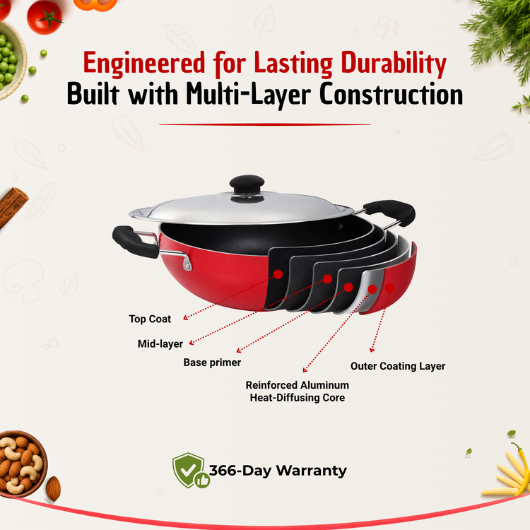 GABRY Non-Stick Kadai | Steel Lid | PFOA-Free | 3-Layer Coating | Elegant Series