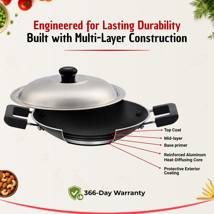 GABRY Classic Non-Stick Appachatty 20 cm | Steel Lid | Appam Pan