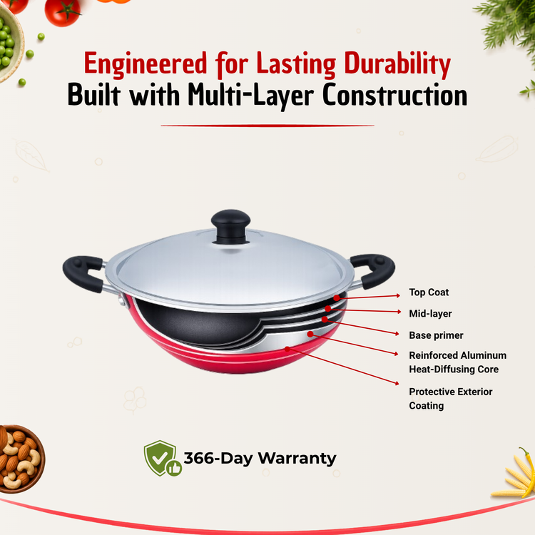 GABRY Non-Stick Cheena Chatti 24 cm | Steel Lid | Deep Fry Kadai | Elegant Series