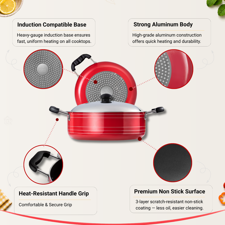 Gabry Non-Stick Induction Cooking Pot | PFOA-Free | 3-Layer | Steel Lid