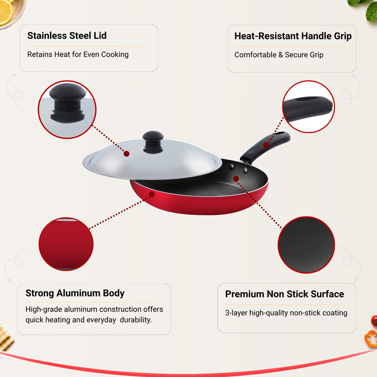 GABRY Classic Non-Stick Fry Pan | Steel Lid | PFOA-Free | Frying