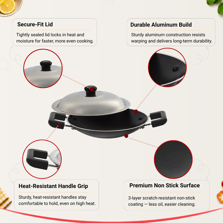 GABRY Classic Non-Stick Appachatty 20 cm | Steel Lid | Appam Pan