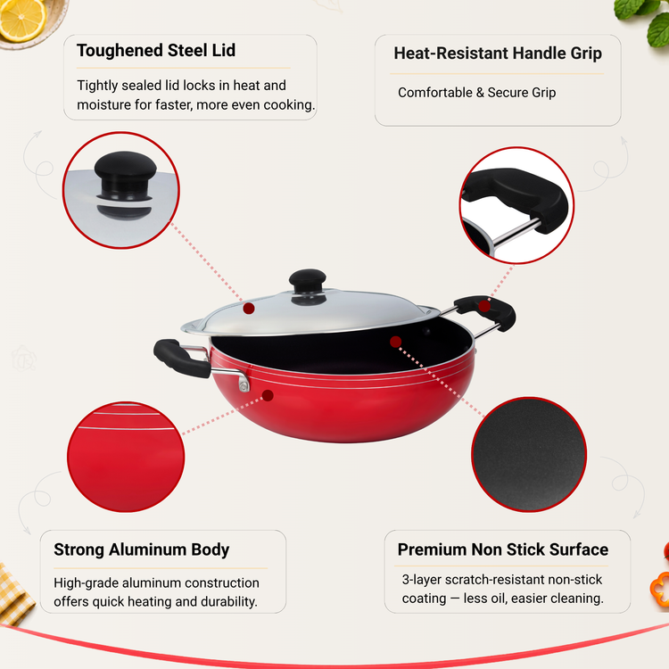 GABRY Classic Non-Stick Kadai 22 cm | Steel Lid | Deep Fry Vessel