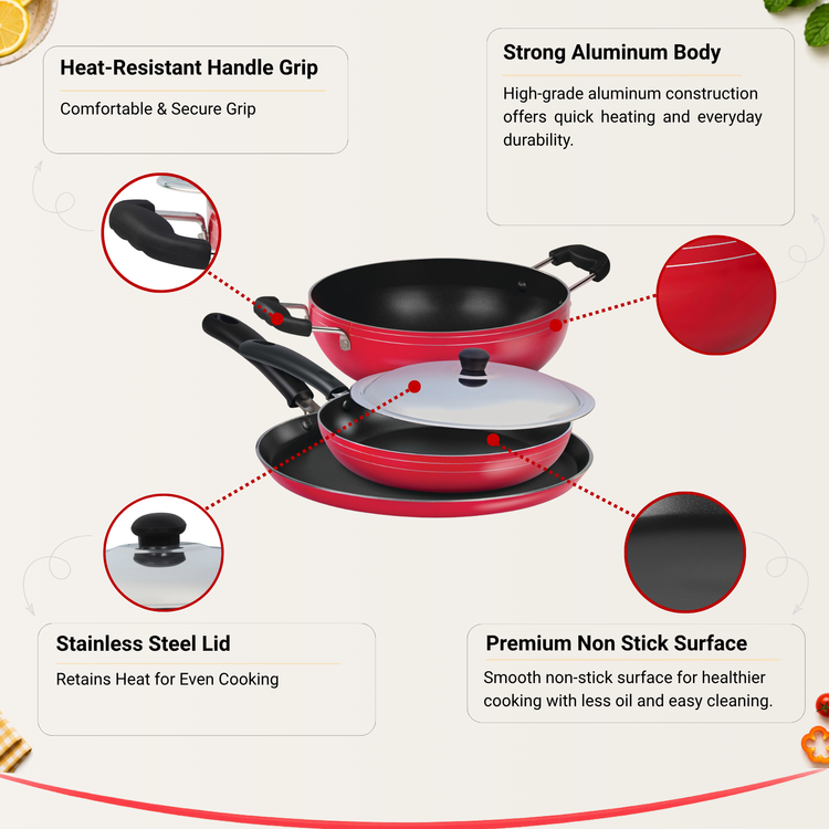 Gabry Classic Non-Stick 4-Piece Induction Combo | Kadai, Tawa & Fry Pan
