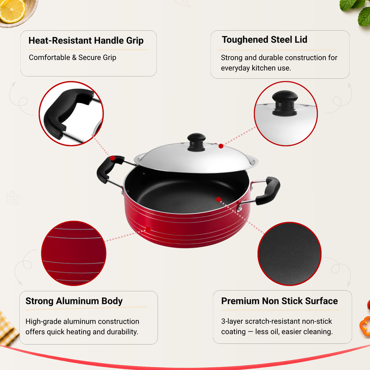 Gabry Non-Stick Cooking Pot | PFOA-Free | 3-Layer Coating | Steel Lid | Elegant Series