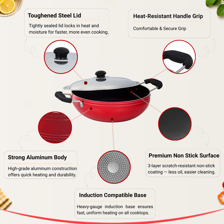 GABRY Non-Stick Kadai 25 cm | Induction Base | Steel Lid | Deep Fry