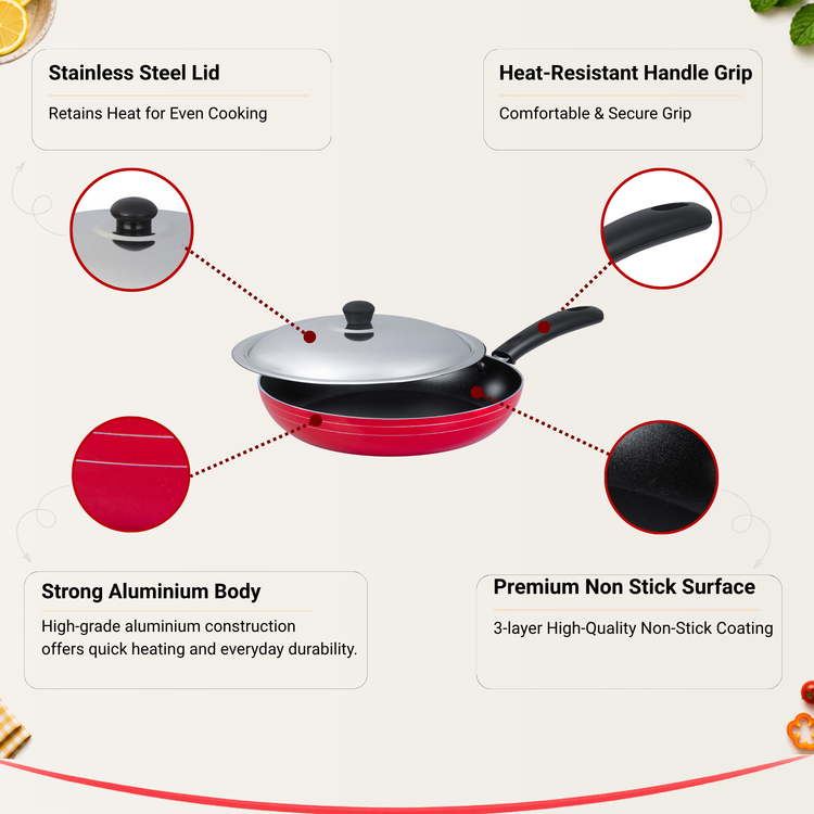 GABRY Non-Stick Fry Pan | PFOA-Free | 3-Layer Coating | Steel Lid | Elegant Series