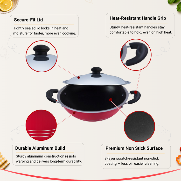 GABRY Non-Stick Cheena Chatti 24 cm | Steel Lid | Deep Fry Kadai | Elegant Series
