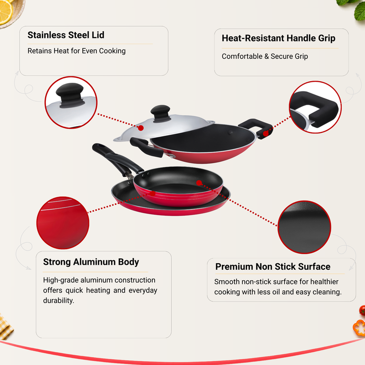 Gabry Classic Non-Stick 4-Piece Combo | Frypan, Appachatty & Lid, Tawa