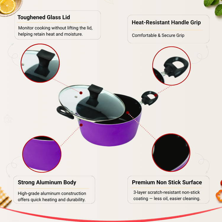 Gabry Non-Stick Casserole 24 cm | Glass Lid | Elegant Plus Series