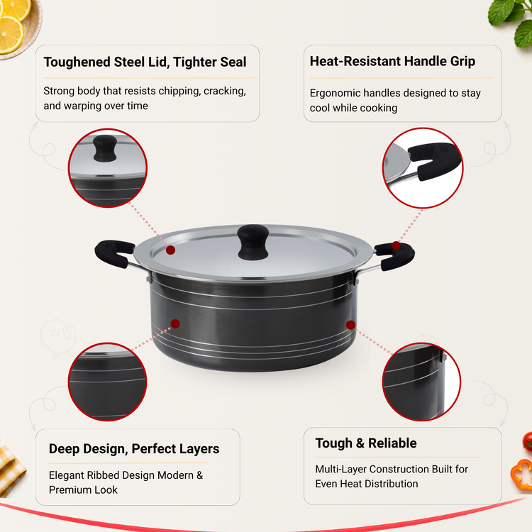 Gabry Non-Stick Biryani Pot | PFOA-Free | 3-Layer Coating | Steel Lid | Elegant Series