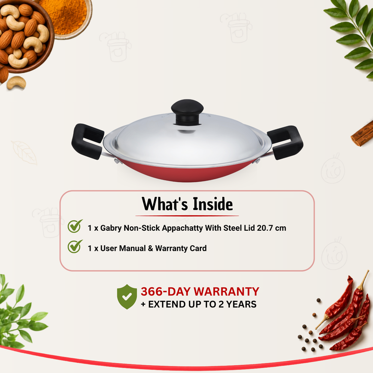 GABRY Non-Stick Appachatty 20.7 cm | Steel Lid | Appam & Hopper Pan | Elegant Series
