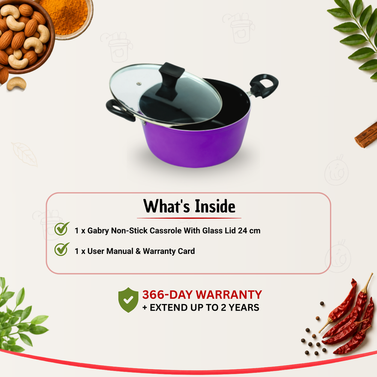 Gabry Non-Stick Casserole 24 cm | Glass Lid | Elegant Plus Series