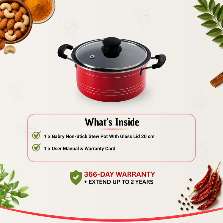 Gabry Non-Stick Stew Pot 20 cm | Glass Lid | PFOA-Free | Elegant Plus
