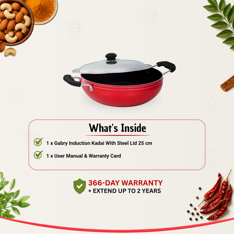 GABRY Non-Stick Kadai 25 cm | Induction Base | Steel Lid | Deep Fry