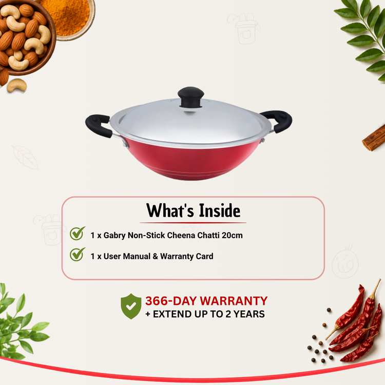 GABRY Non-Stick Cheena Chatti 24 cm | Steel Lid | Deep Fry Kadai | Elegant Series