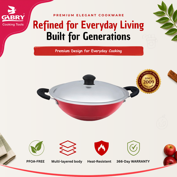 GABRY Non-Stick Cheena Chatti 24 cm | Steel Lid | Deep Fry Kadai | Elegant Series