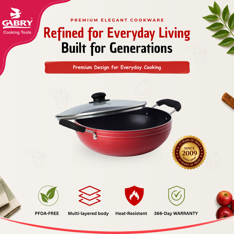 GABRY Non-Stick Kadai | Glass Lid | PFOA-Free | Elegant Plus Series