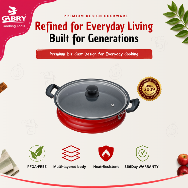 Gabry Non-Stick Meenchatty 28 cm | Glass Lid | PFOA-Free | Fish Curry Pot