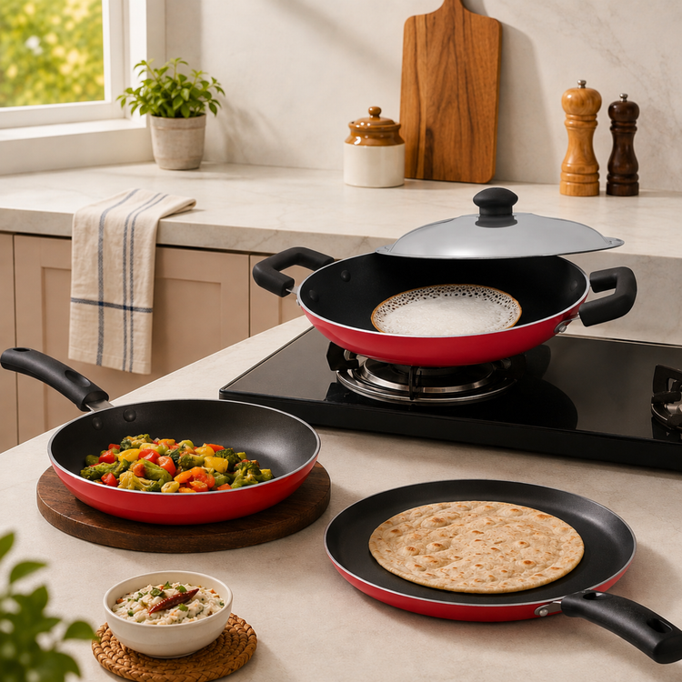 Gabry Classic Non-Stick 4-Piece Combo | Frypan, Appachatty & Lid, Tawa