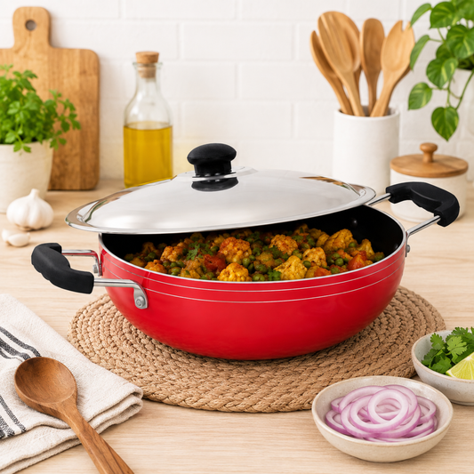 GABRY Non-Stick Kadai | Steel Lid | PFOA-Free | 3-Layer Coating | Elegant Series