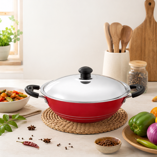 GABRY Non-Stick Cheena Chatti 24 cm | Steel Lid | Deep Fry Kadai | Elegant Series