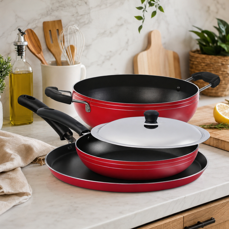 Gabry Classic Non-Stick 4-Piece Combo | Kadai, Tawa, Fry Pan & Lid